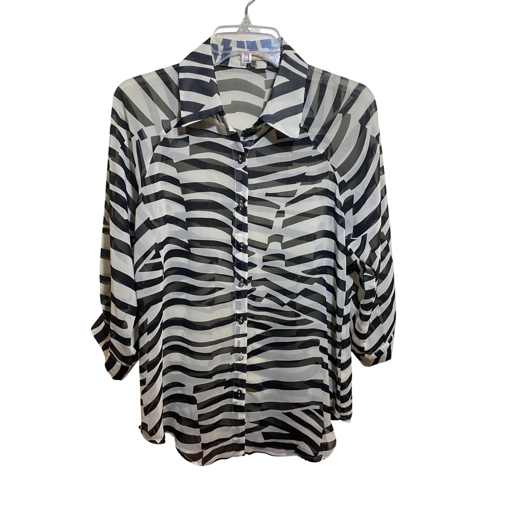 Fun2Fun Zebra Print Button Down Blouse Black‎ White Sheer Chiffon Top Womens M